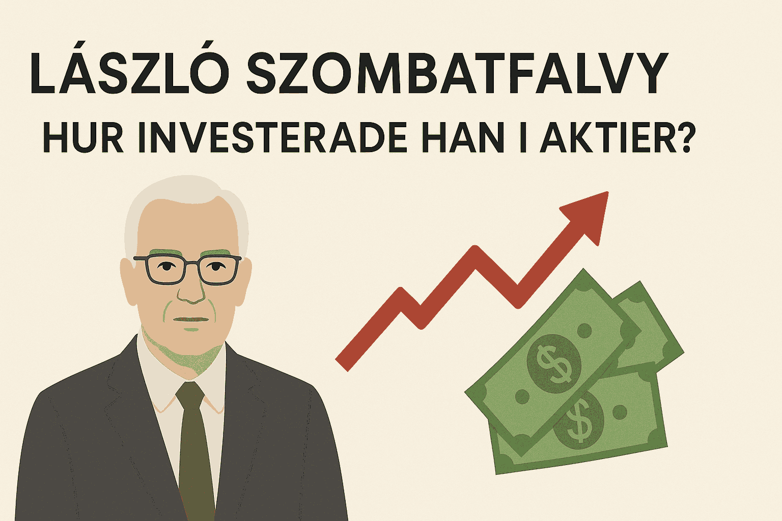 Illustration av László Szombatfalvy i kostym bredvid en stigande aktiegraf och dollarsedlar, med texten "Hur investerade han i aktier?"