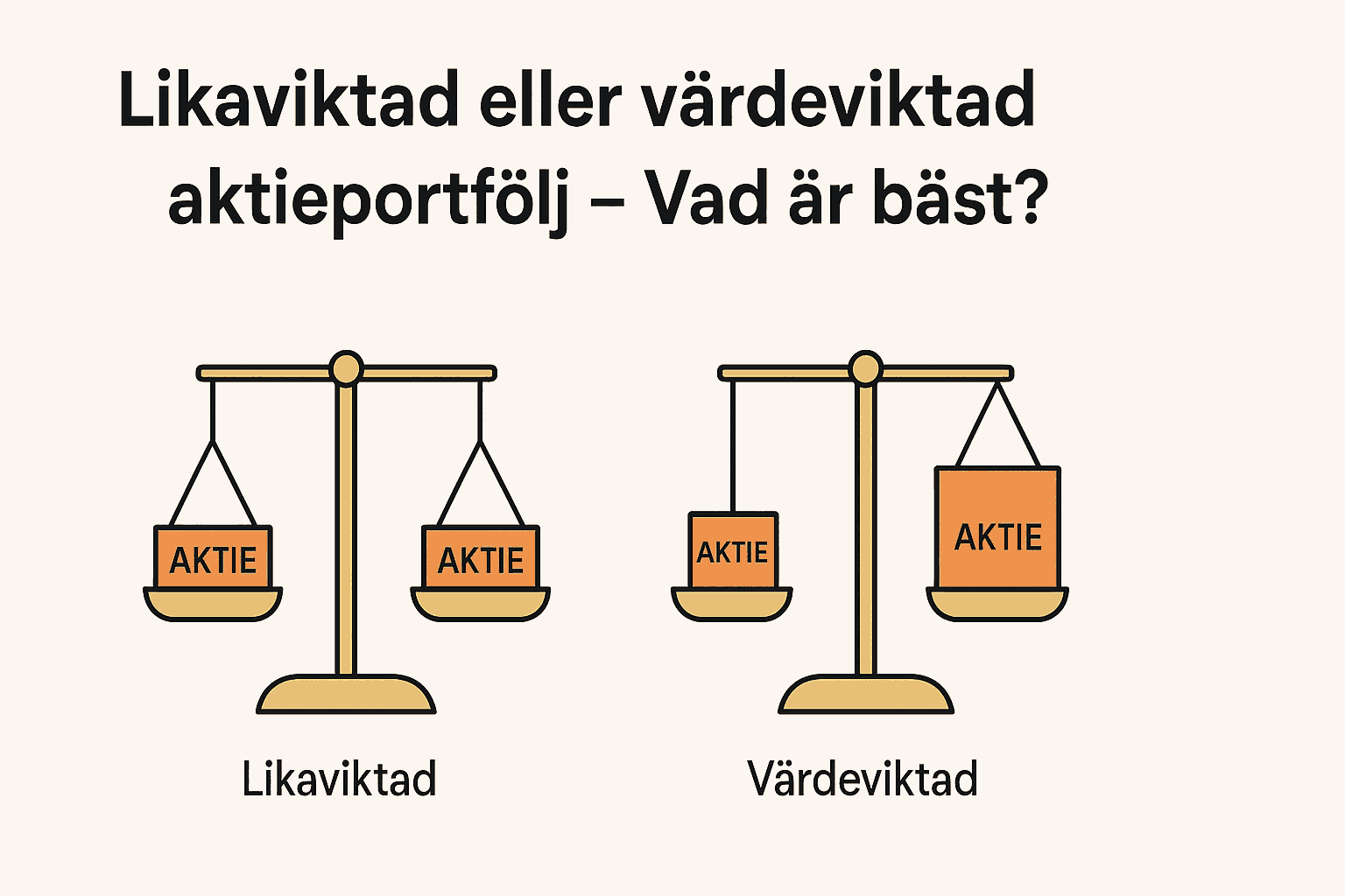 Dina Pengar 297 Samuelssons Rapport Illustration av två vågar som jämför likaviktad och värdeviktad aktieportfölj med olika aktievikter.