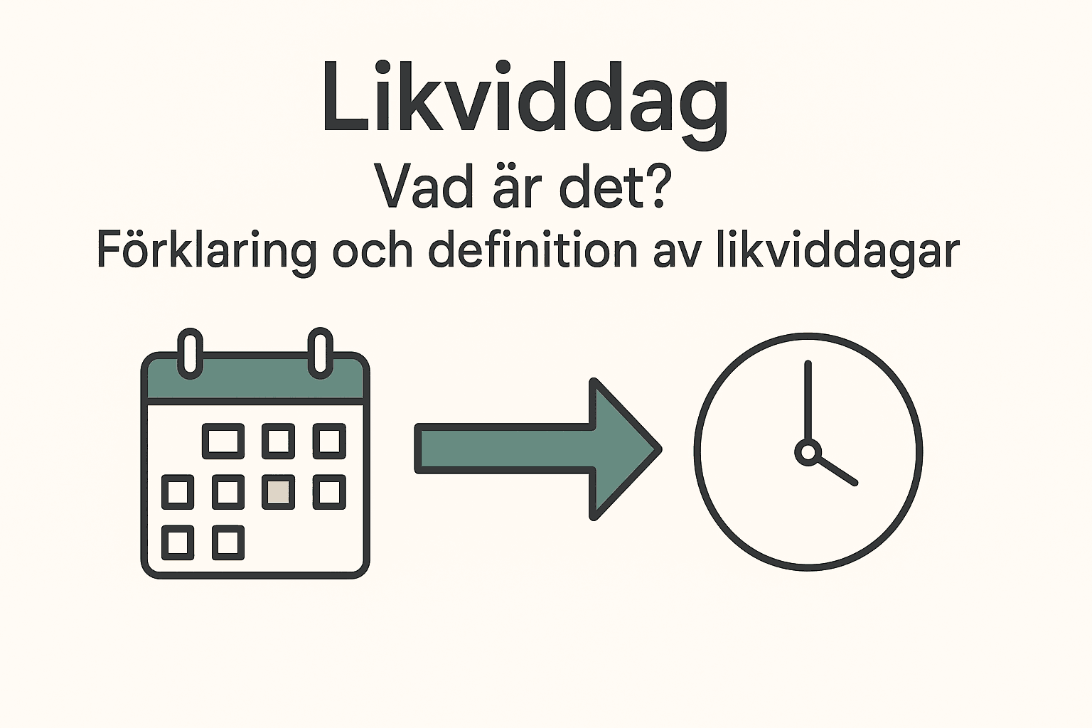 Minimalistisk illustration som visar en kalender, en pil och en klocka för att förklara begreppet likviddag.