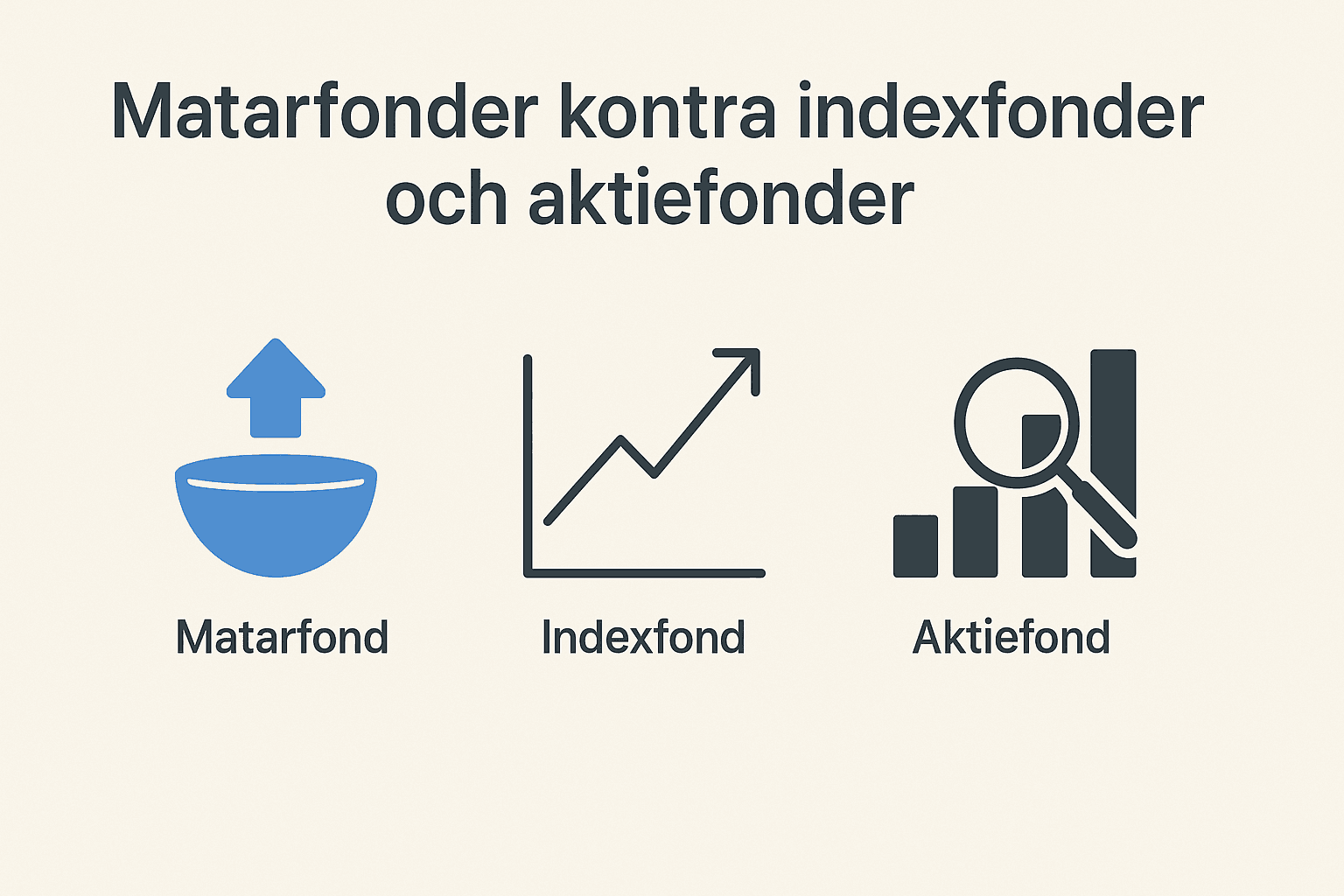 Infografik som jämför matarfonder, indexfonder och aktiefonder med tydliga ikoner och minimalistisk design.