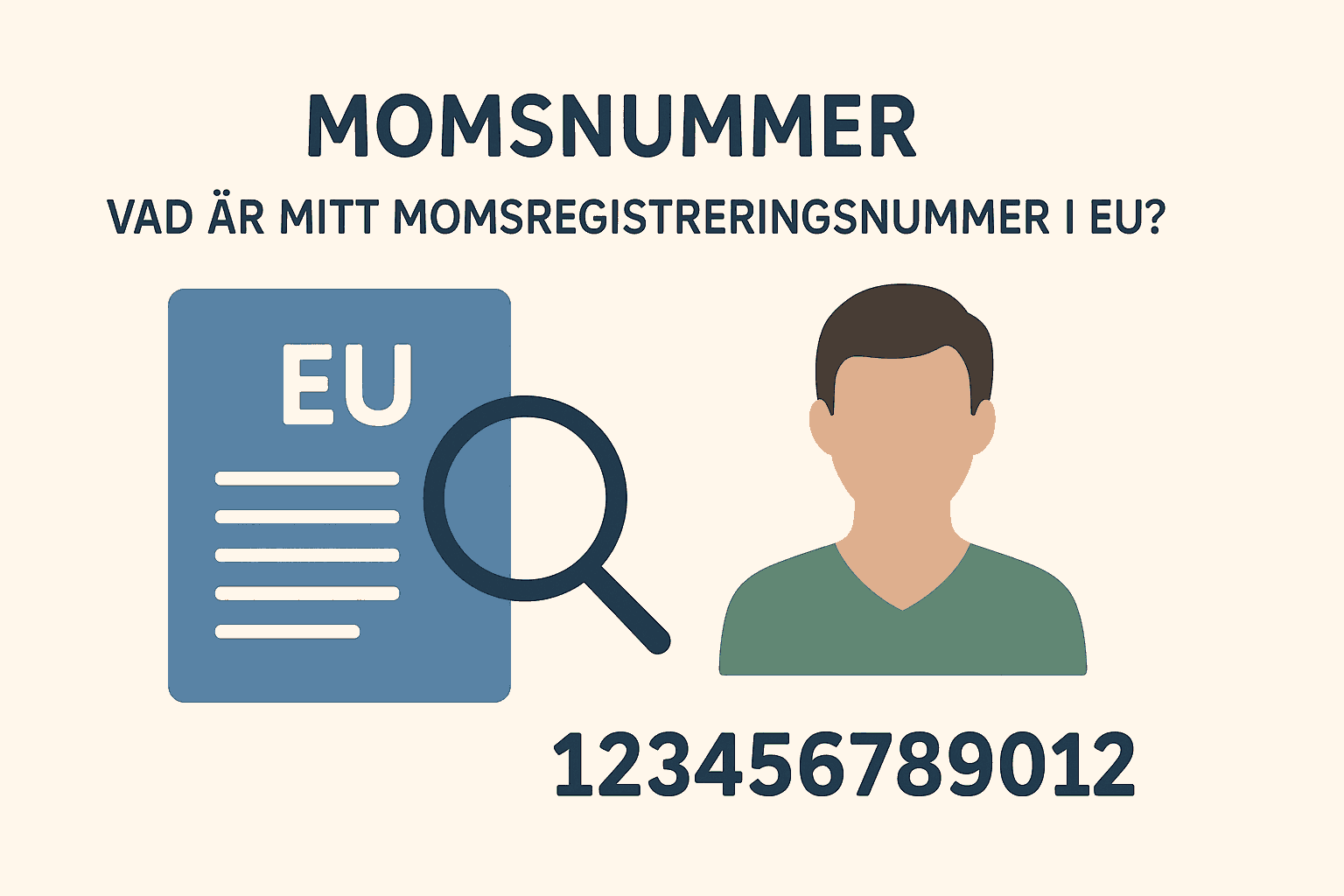 Minimalistisk infografik som visar en EU-dokumentikon, förstoringsglas, personikon och ett momsnummer med 12 siffror.