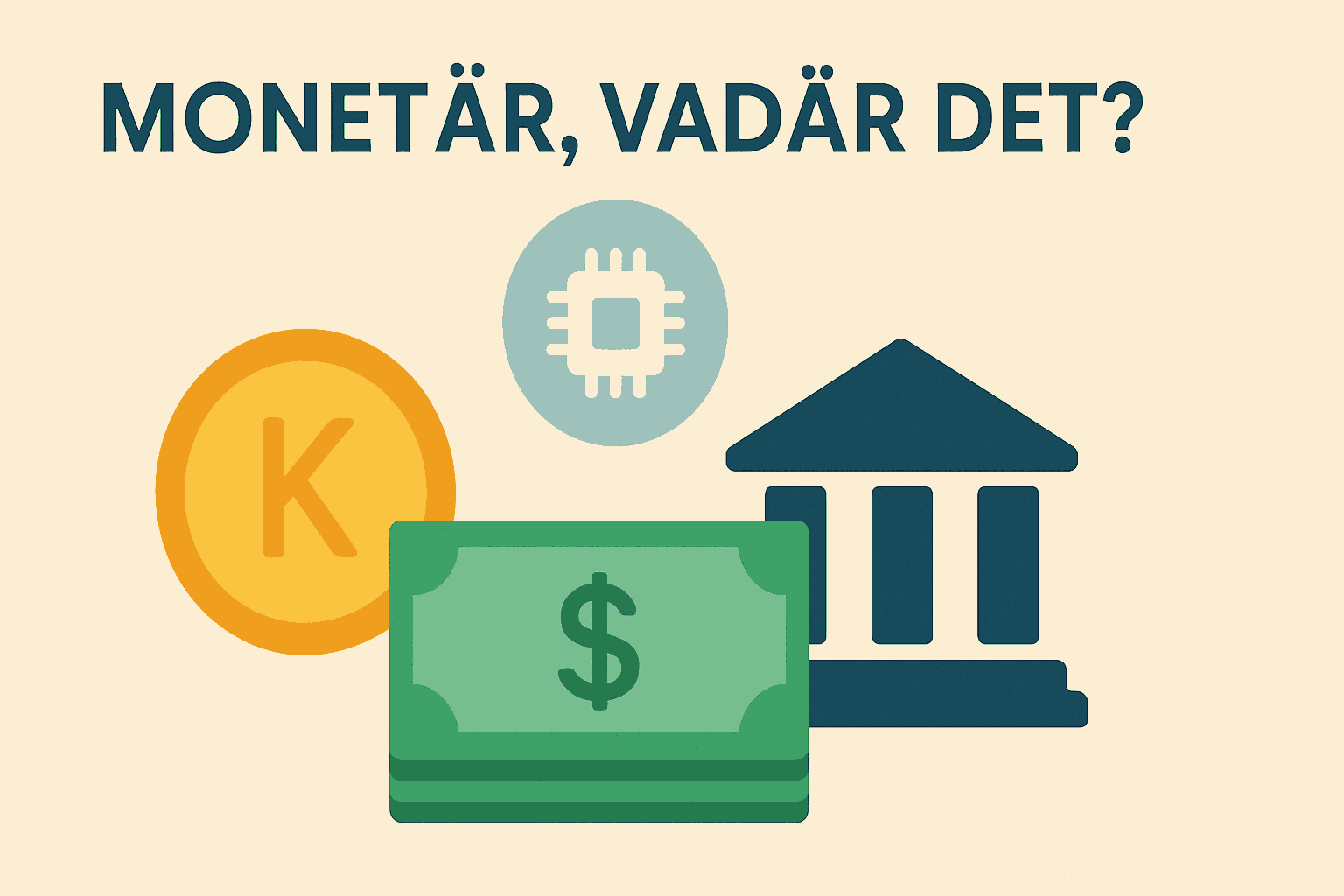 Illustration av monetära begrepp med kronmynt, sedelbunt, bankbyggnad och chip-symbol.