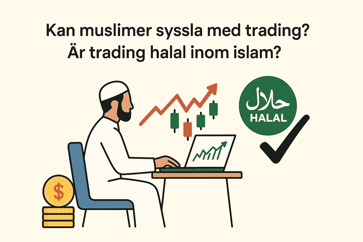 Muslimsk man tradar på laptop med halal-symbol, uppåtgående grafer och mynt, mot ljus bakgrund.