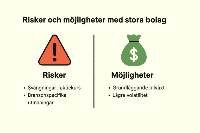 En infografik med rubriken ”Risker och möjligheter med stora bolag”. Den visar risker som svängningar i aktiekurs och branschspecifika utmaningar, samt möjligheter som grundläggande tillväxt och lägre volatilitet.