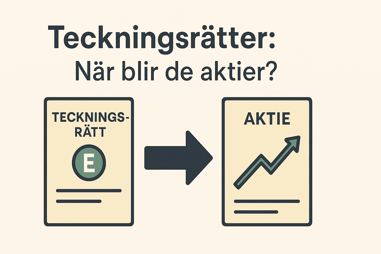 Minimalistisk illustration som visar hur teckningsrätter omvandlas till aktier via ett pappersdokument och en pil.