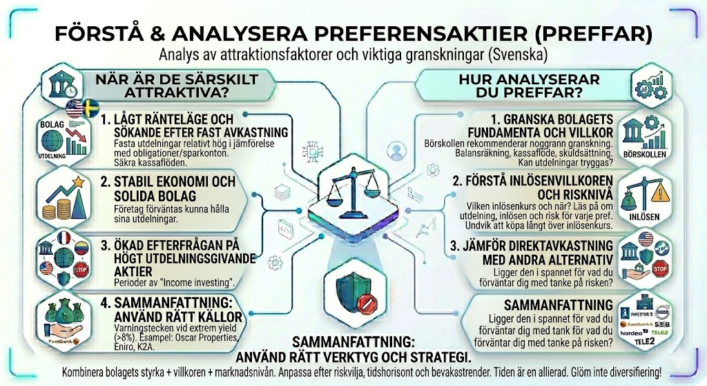 Infografik om att förstå och analysera preferensaktier, som täcker attraktionsfaktorer som lågt ränteläge och stabil ekonomi, samt analyssteg för inlösenvillkor och direktavkastning.