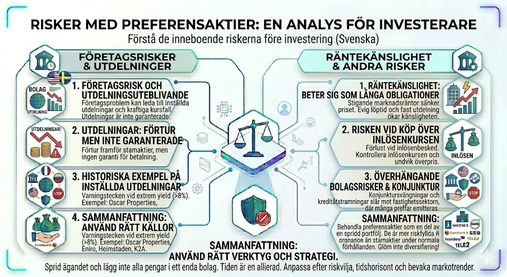 Infografik om risker med preferensaktier inklusive räntekänslighet, företagsrisker och utdelningsbegränsningar för investerare i Sverige.