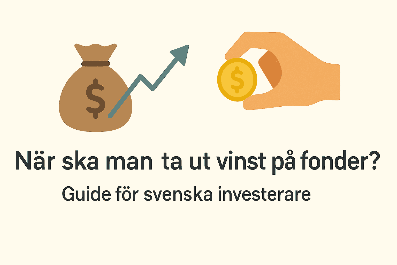 Minimalistisk bild med pengapåse, uppåtgående graf, och hand som tar en mynt, samt texten När ska man ta ut vinst på fonder? Guide för svenska investerare.