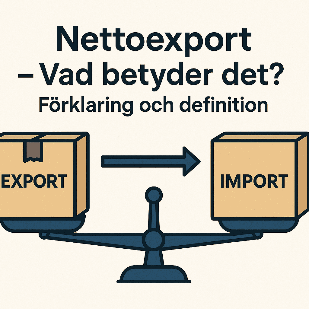 Illustration med balansvåg mellan export och import, visar begreppet nettoexport visuellt.