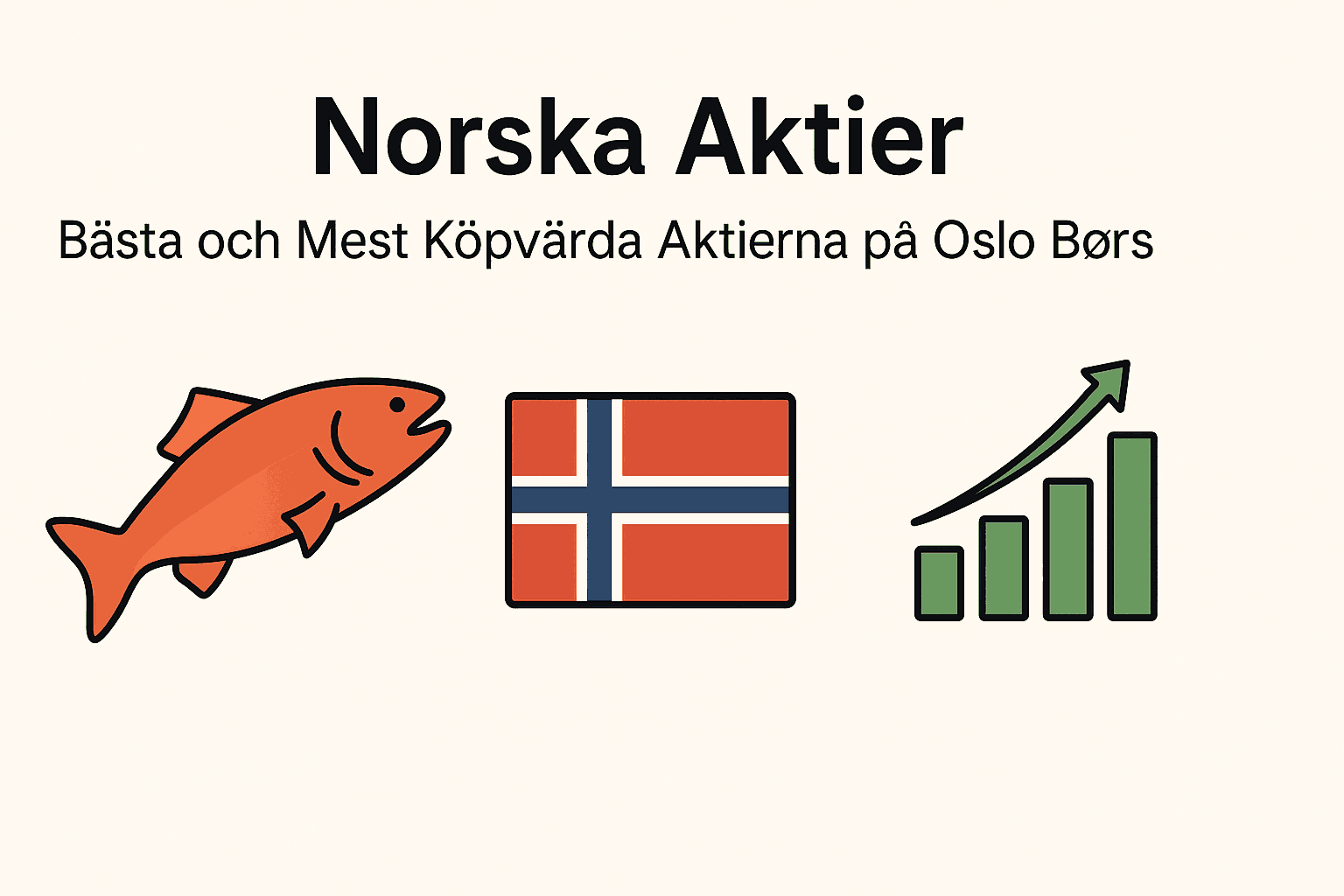 Minimalistisk illustration med lax, norska flaggan och uppåtgående stapeldiagram för att förklara norska aktier på Oslo Børs.