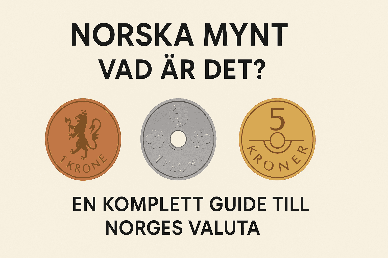 Tre norska mynt (1 kr, 1 kr med hål, 5 kr) illustrerade med texten "Norska mynt – Vad är det? En komplett guide till Norges valuta".