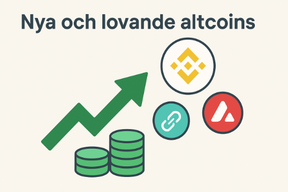 En infografik med rubriken "Nya och lovande altcoins" som visar en grön stigande pil bredvid logotyper för kryptovalutor som Binance Coin, Chainlink och Avalanche.