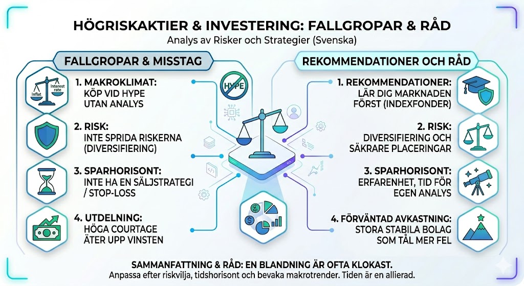 En infografik med titeln ”HÖGRISKAKTIER & INVESTERING: FALLGROPAR & RÅD” som listar vanliga misstag som att köpa vid hype utan analys och sakna säljstrategi, samt ger råd om diversifiering och att lära sig marknaden via indexfonder först.
