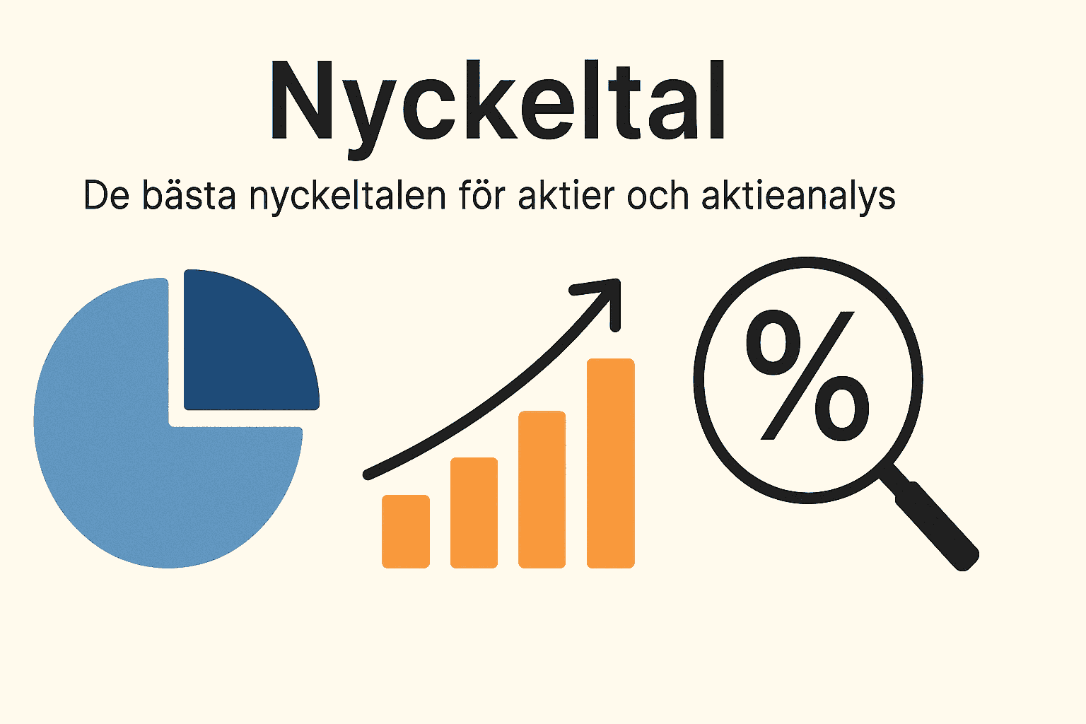 Minimalistisk illustration med cirkeldiagram, stapeldiagram och procenttecken för att symbolisera viktiga nyckeltal i aktieanalys.