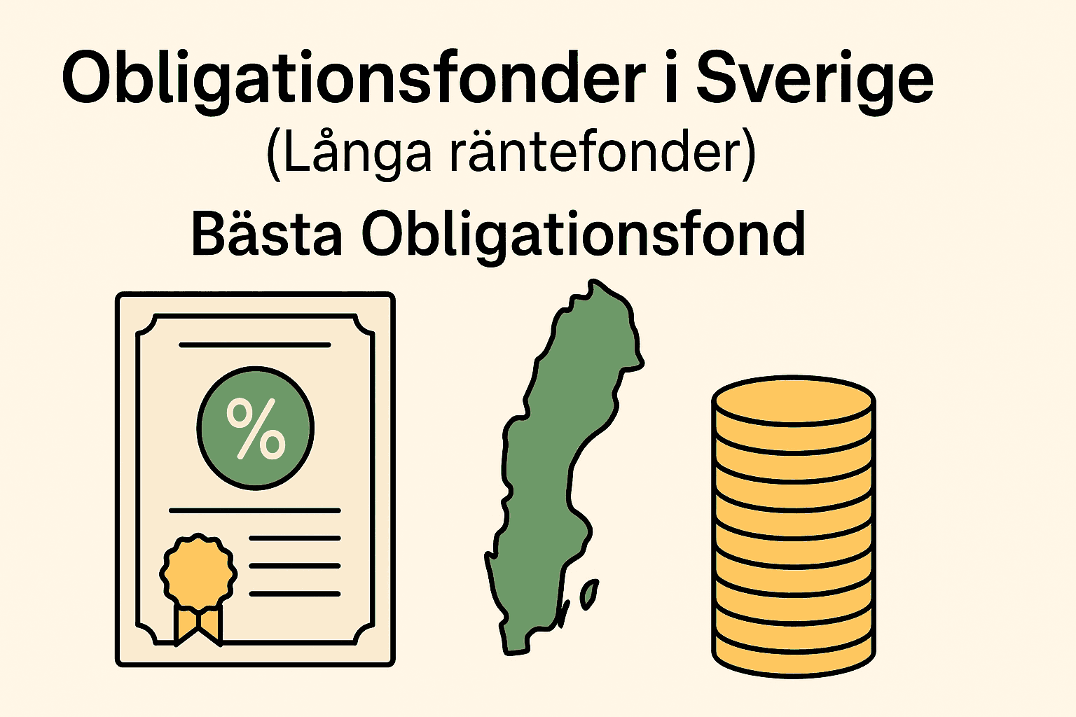 Illustration med ett obligationscertifikat, Sverigekarta och myntstapel – symboliserar långa räntefonder i Sverige.