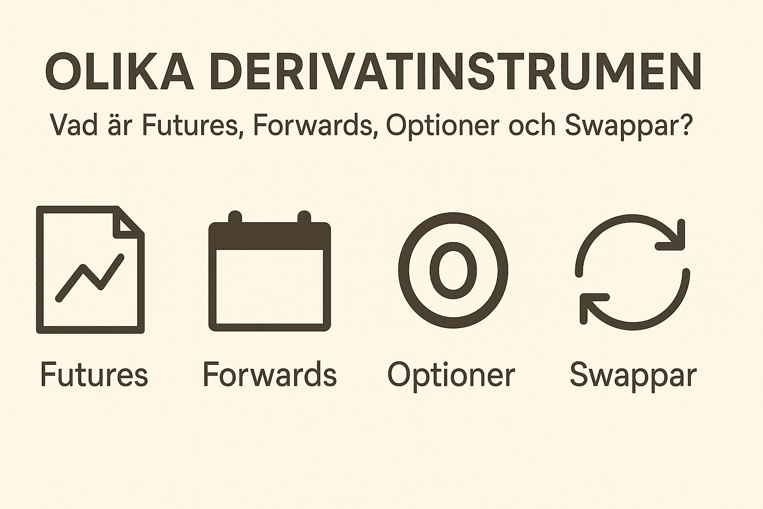 Minimalistisk infografik som visar olika derivatinstrument: futures, forwards, optioner och swappar med ikoner.