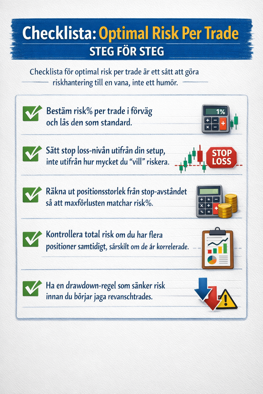 Checklista för optimal risk per trade med fem steg inklusive riskprocent, stop loss, positionsstorlek, korrelation och drawdown-regel