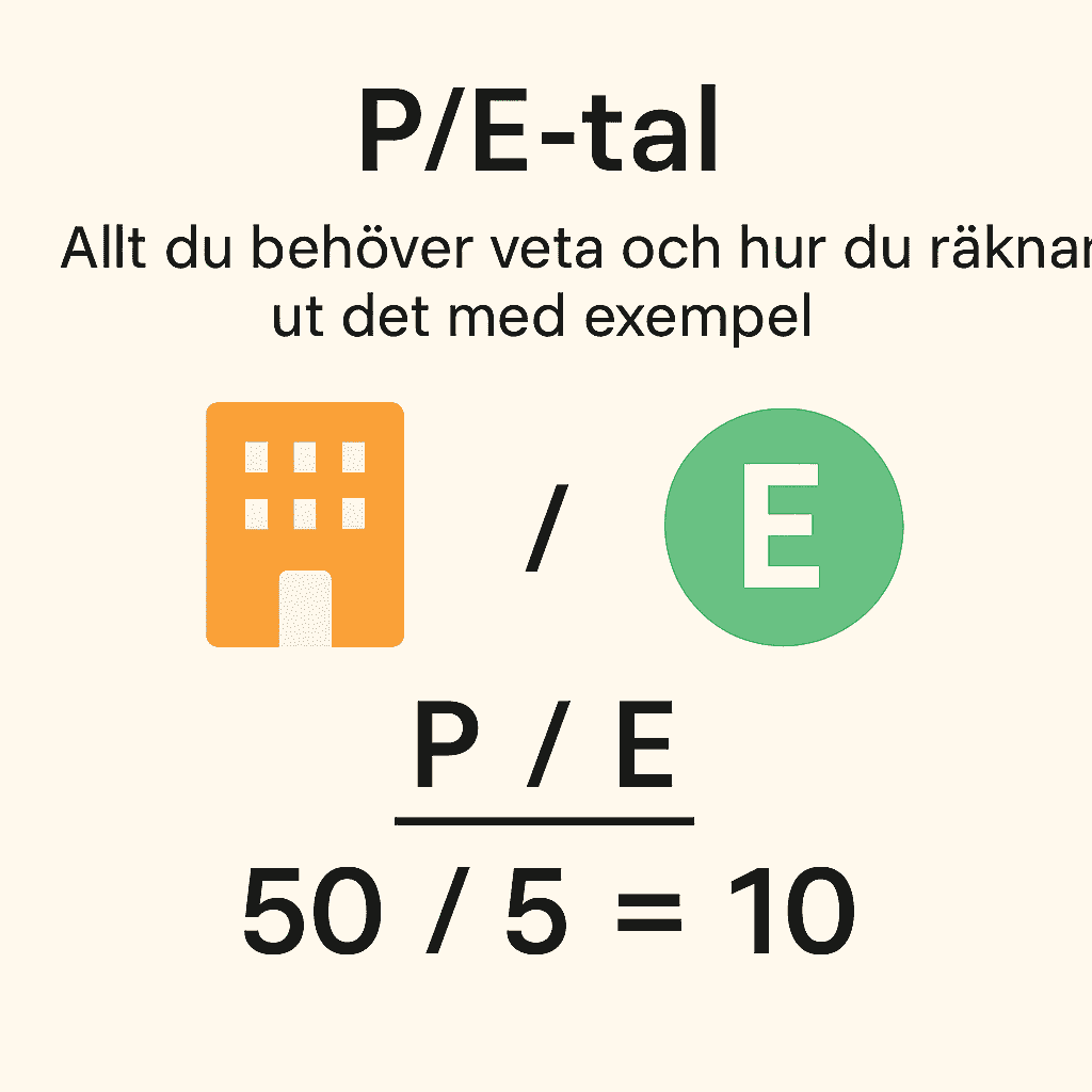 Minimalistisk bild med ett företag och en E-symbol, samt formeln P/E = 50 / 5 = 10 som förklarar P/E-talet.