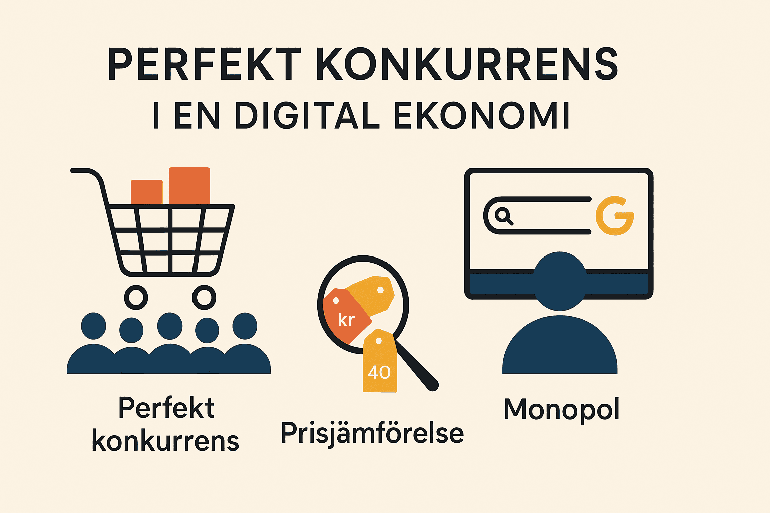 Perfekt konkurrens, vad är det? – Förklaring och definition 2 Samuelssons Rapport Infografik som visar perfekt konkurrens i digital ekonomi med ikoner för e-handel, prisjämförelse och monopol.