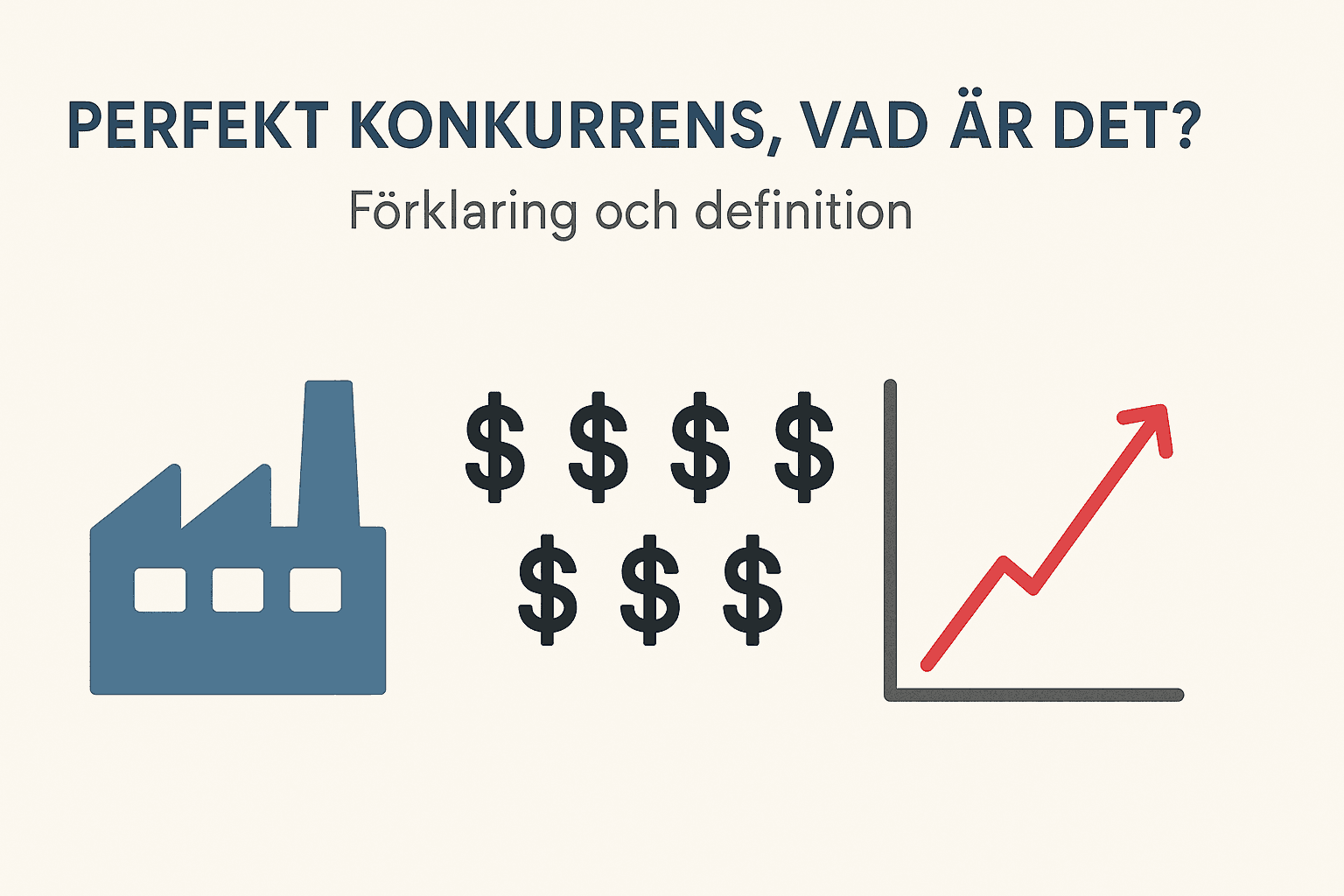 Dina Pengar 221 Samuelssons Rapport Enkla ikoner som illustrerar perfekt konkurrens: fabrik, många dollartecken och ett stigande diagram.