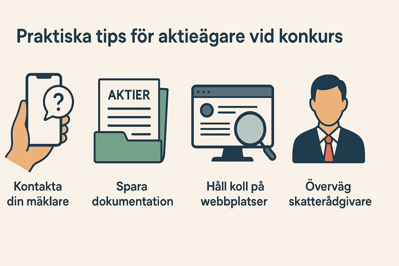 Vad händer med aktier vid konkurs? Allt du behöver veta 2 Samuelssons Rapport Minimalistisk infographic med fyra ikoner som visar praktiska tips för aktieägare vid konkurs: kontakta mäklare, spara dokumentation, håll koll på webbplatser, överväg skatterådgivare.