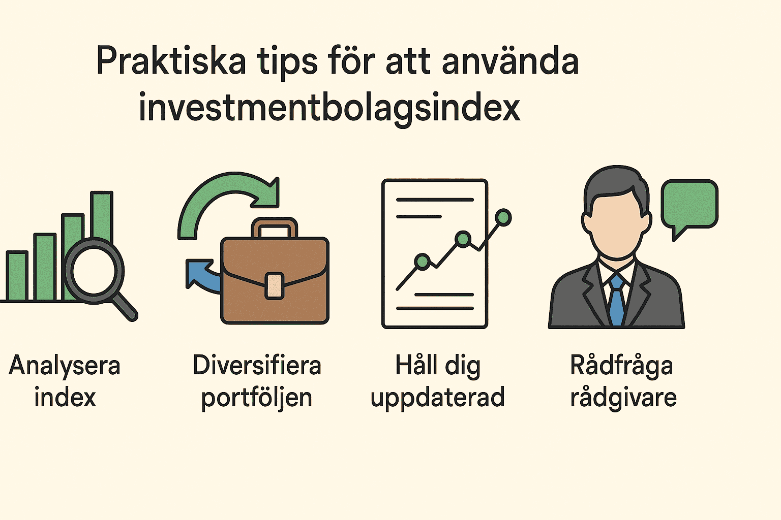 Investmentbolagsindex: Vad Är Det och Hur Används Det? 2 Samuelssons Rapport Minimalistisk infografik med fyra tips för att använda investmentbolagsindex: analysera index, diversifiera portföljen, håll dig uppdaterad och rådfråga rådgivare.