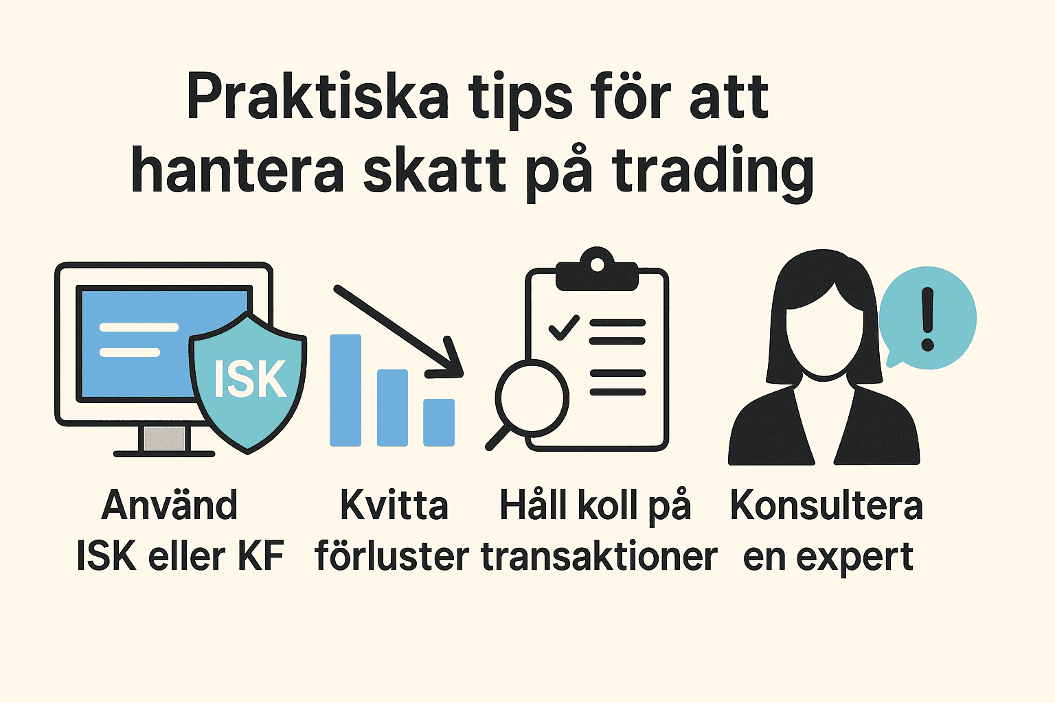 Fyra tips för att hantera skatt på trading, inklusive ISK/KF, kvittning av förluster, transaktionsöversikt och experthjälp, illustrerade med ikoner.