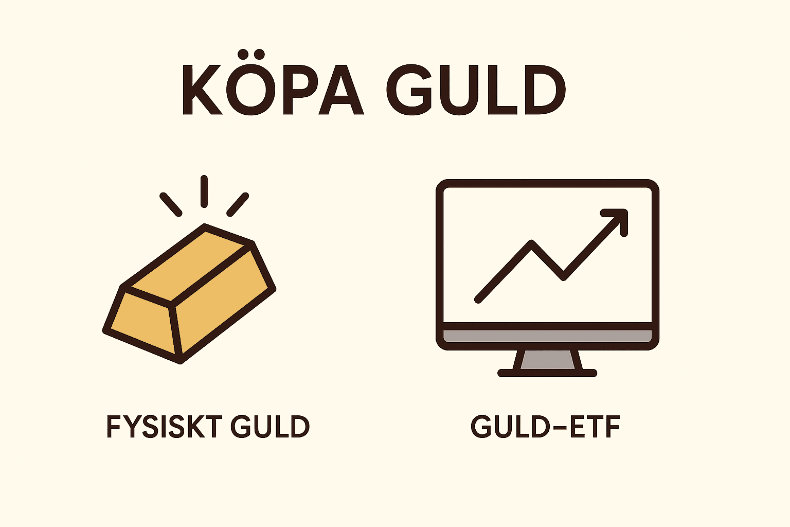 Illustration som visar två sätt att köpa guld: fysiskt guld (guldtacka) och guld-ETF (datorskärm med stigande graf).