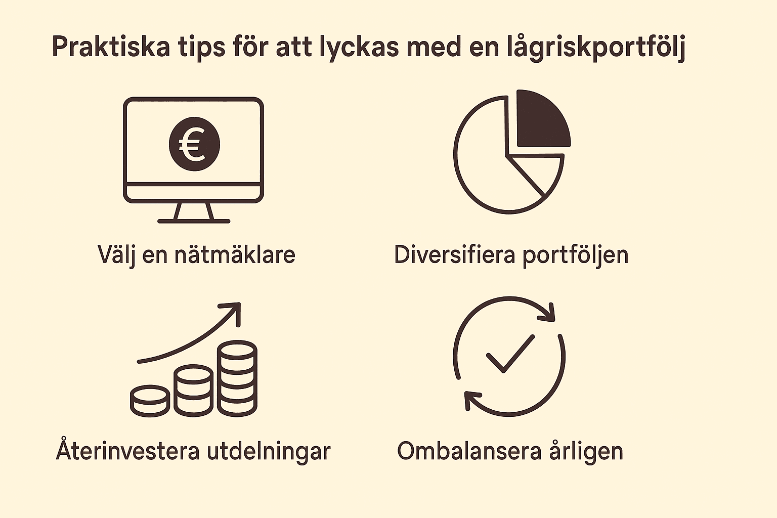 Defensiv Aktieportfölj med Lägre Risk: Så Bygger du en Stabil Lågriskportfölj 2 Samuelssons Rapport Minimalistisk infographic med fyra ikoner som visar praktiska tips för en lågriskportfölj: välj nätmäklare, diversifiera, återinvestera och ombalansera.