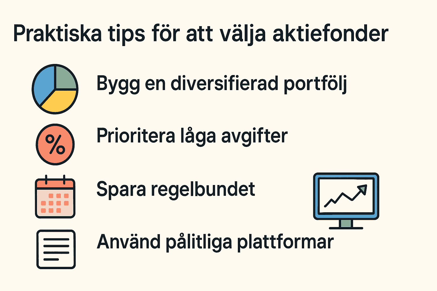 Aktiefonder: Vad Är Det och Hur Hittar Man den Bästa Aktiefonden? 2 Samuelssons Rapport Minimalistisk bild med fyra tips för att välja aktiefonder, inklusive diversifiering, låga avgifter, regelbundet sparande och pålitliga plattformar.