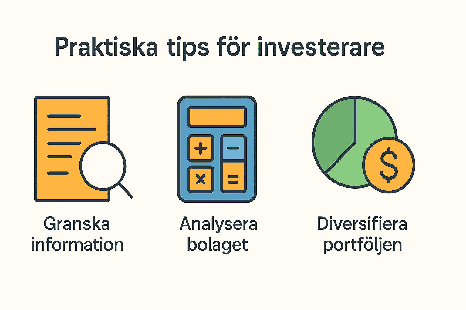 Infografik med tre ikoner: dokument med förstoringsglas (granska information), miniräknare (analysera bolaget), och ett cirkeldiagram med dollartecken (diversifiera portföljen).