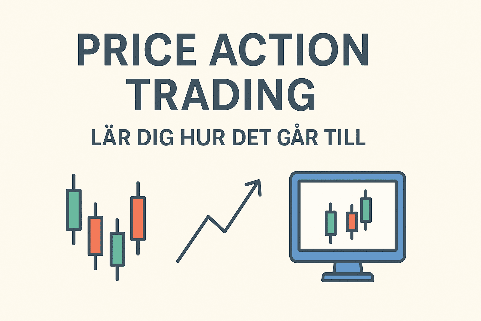 Minimalistisk illustration som visar candlestick-graf, uppåtgående linje och datorskärm med Price Action-diagram.