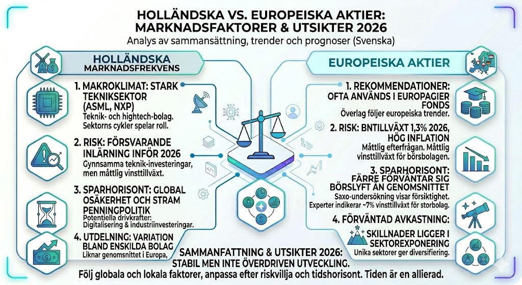 Holländska aktier, vilka är bäst och mest köpvärda? 2 Samuelssons Rapport En detaljerad infografik som jämför holländska aktier med europeiska aktier inför 2026, med fokus på tekniksektorn (ASML, NXP), makroklimat, vinsttillväxt och sektorexponering.