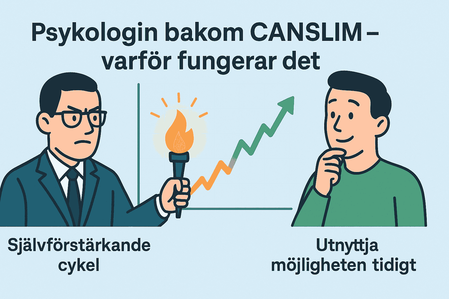 Infografik som visar psykologin bakom CANSLIM med fokus på självförstärkande cykler och tidiga investeringsmöjligheter.
