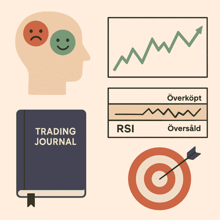 psykologins dolda påverkan på börsen, RSI-indikator för överköpt och översåld, trading journal och målsättning, aktiekurser idag och börspsykologi.