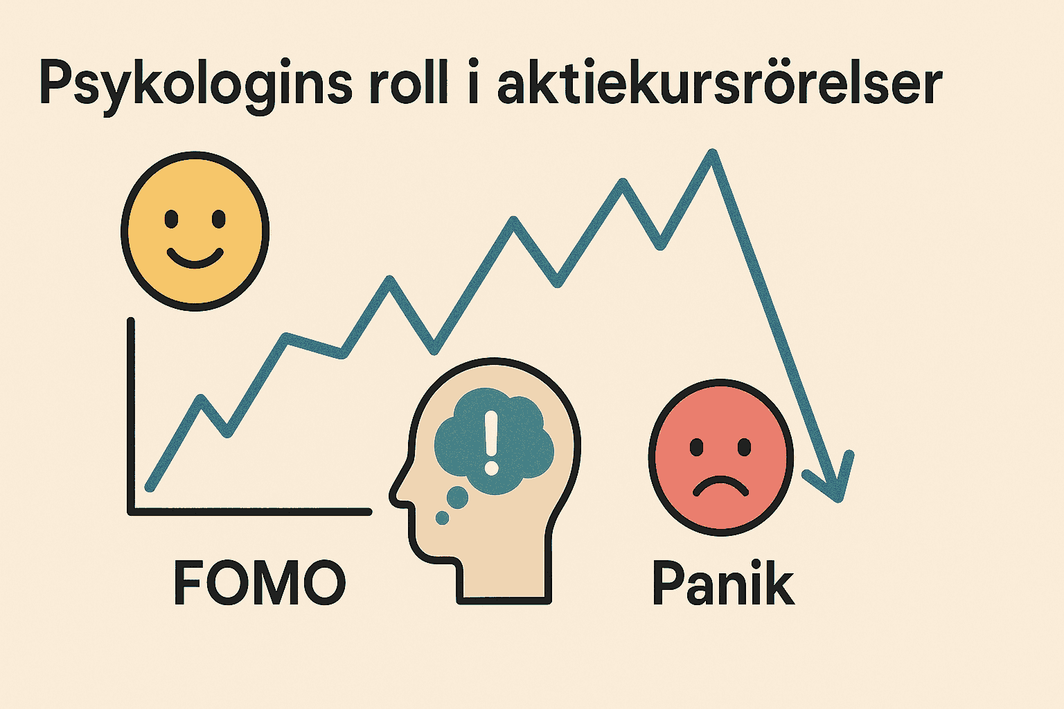 Linjediagram med glada och ledsna ansikten som illustrerar hur FOMO och panik påverkar aktiekurser.