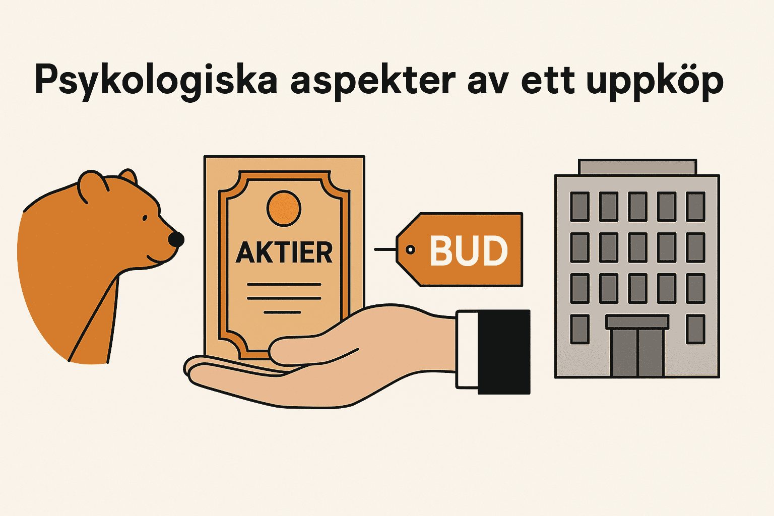 Illustration med björn, aktiecertifikat, budetikett och företagsbyggnad under rubriken Psykologiska aspekter av ett uppköp.
