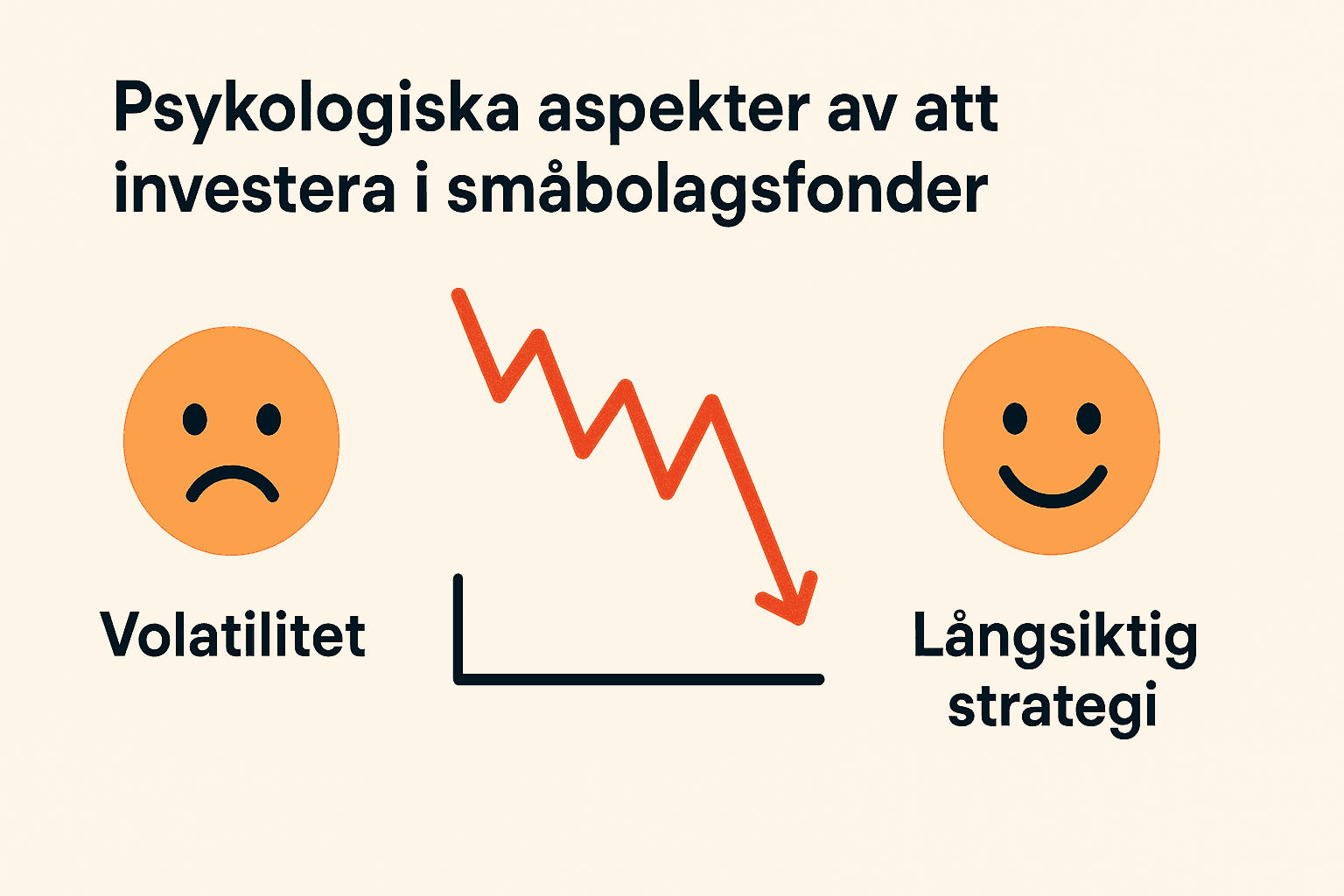 Infografik som visar psykologiska aspekter av småbolagsfonder med en ledsen emoji bredvid röd volatilitetsgraf och en glad emoji vid texten långsiktig strategi.