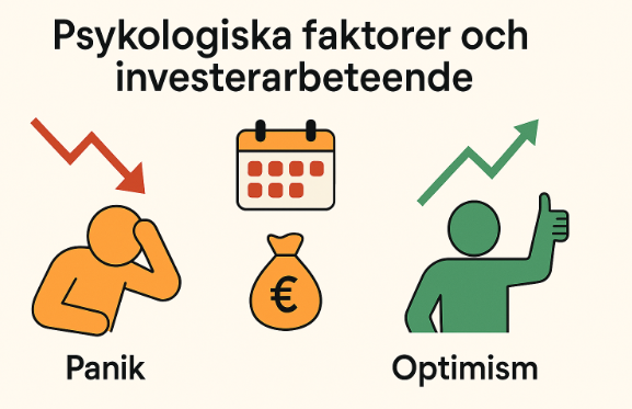När i månaden ska man köpa fonder eller aktier, psykologiska faktorer och investerarbeteende som panik vid börsras och optimism vid uppgång, illustration med kalender och pengapåse.