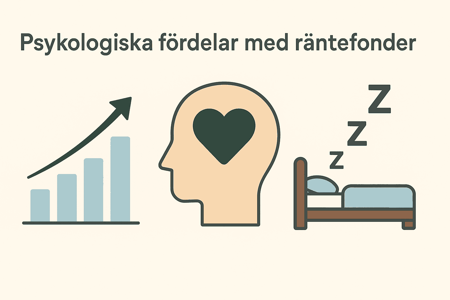 Svenska räntefonder – 11 populära alternativ och guide till de bäst 2 Samuelssons Rapport Illustration av tre symboler: uppåtgående diagram, ett huvud med hjärta i, och en säng med ZZZ – som symboliserar trygghet, lugn och bättre sömn tack vare räntefonder.
