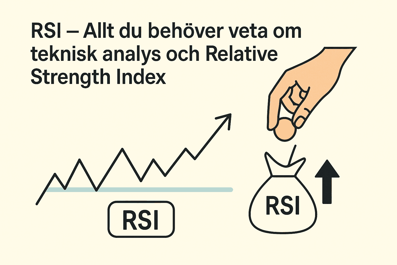 Minimalistisk bild som visar RSI-diagram, hand som placerar mynt i påse, och text om teknisk analys och Relative Strength Index.