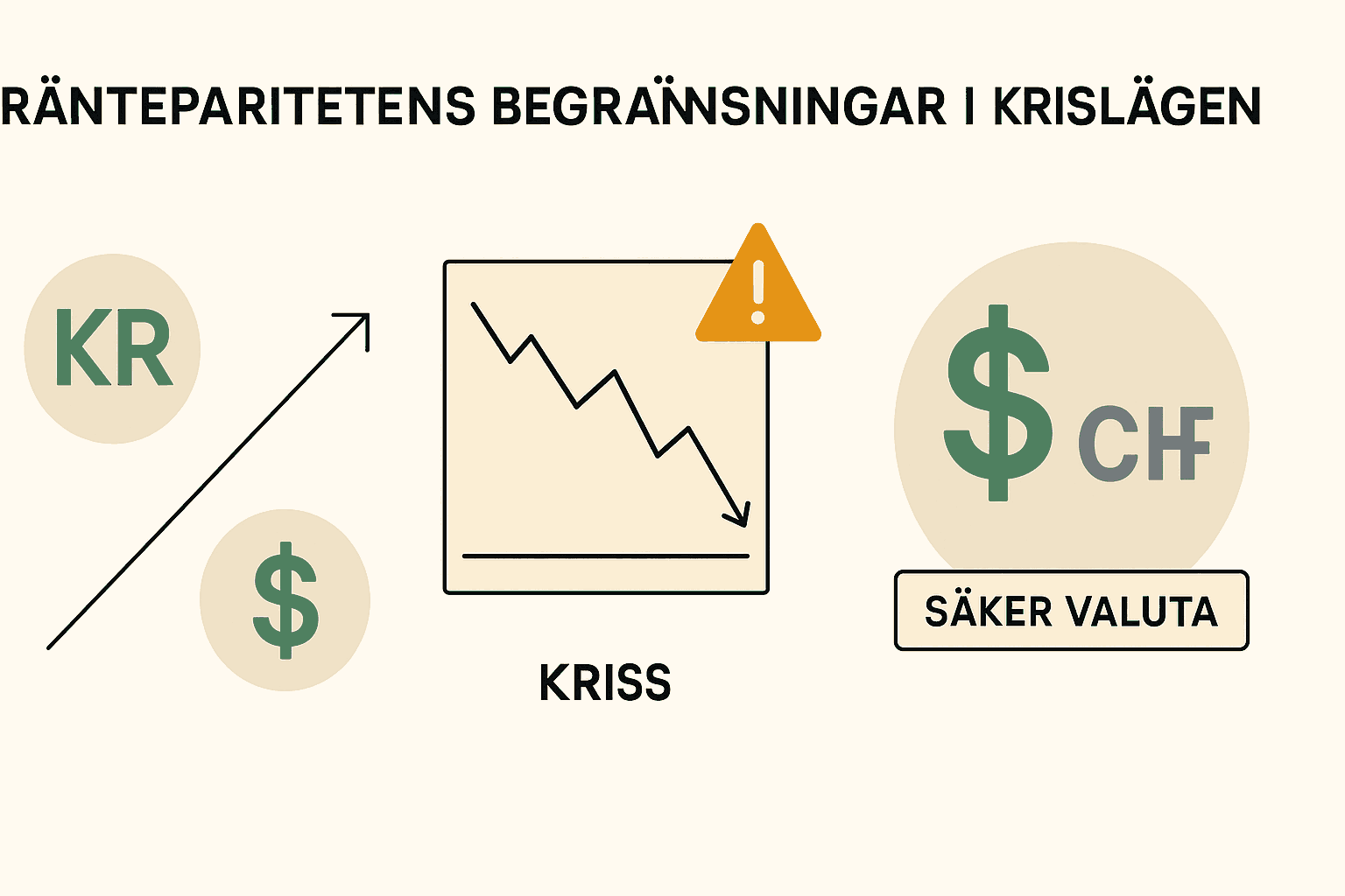 Infografik som visar ränteparitetens begränsningar i krislägen med symboler för valutor, en nedåtgående graf och trygg valuta.