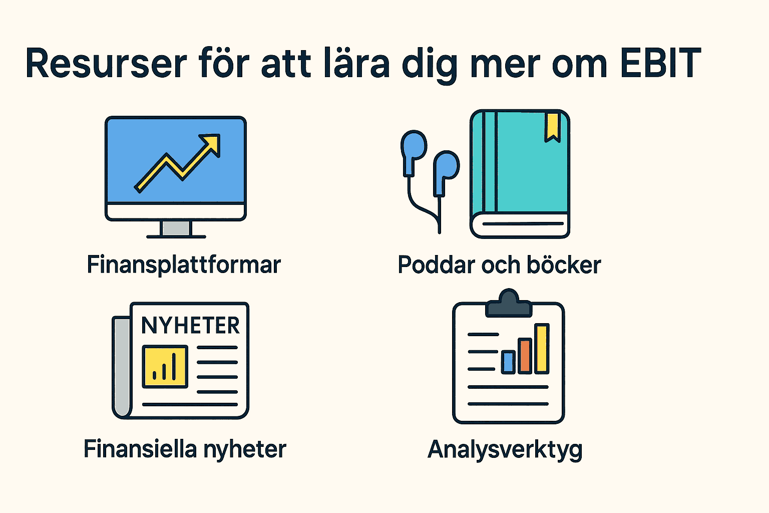Infografik med fyra ikoner som representerar resurser för att lära sig mer om EBIT: finansplattformar, poddar och böcker, finansiella nyheter samt analysverktyg.