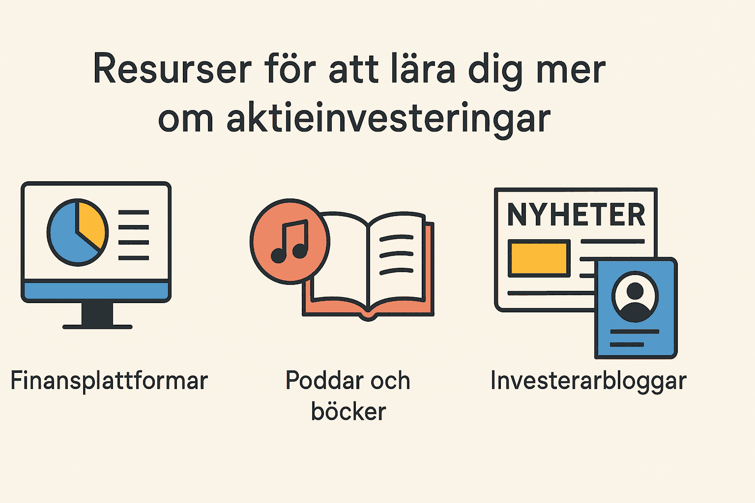 Minimalistisk infografik som visar resurser för att lära sig om aktieinvesteringar: finansplattformar, poddar och böcker, nyheter och investerarbloggar.