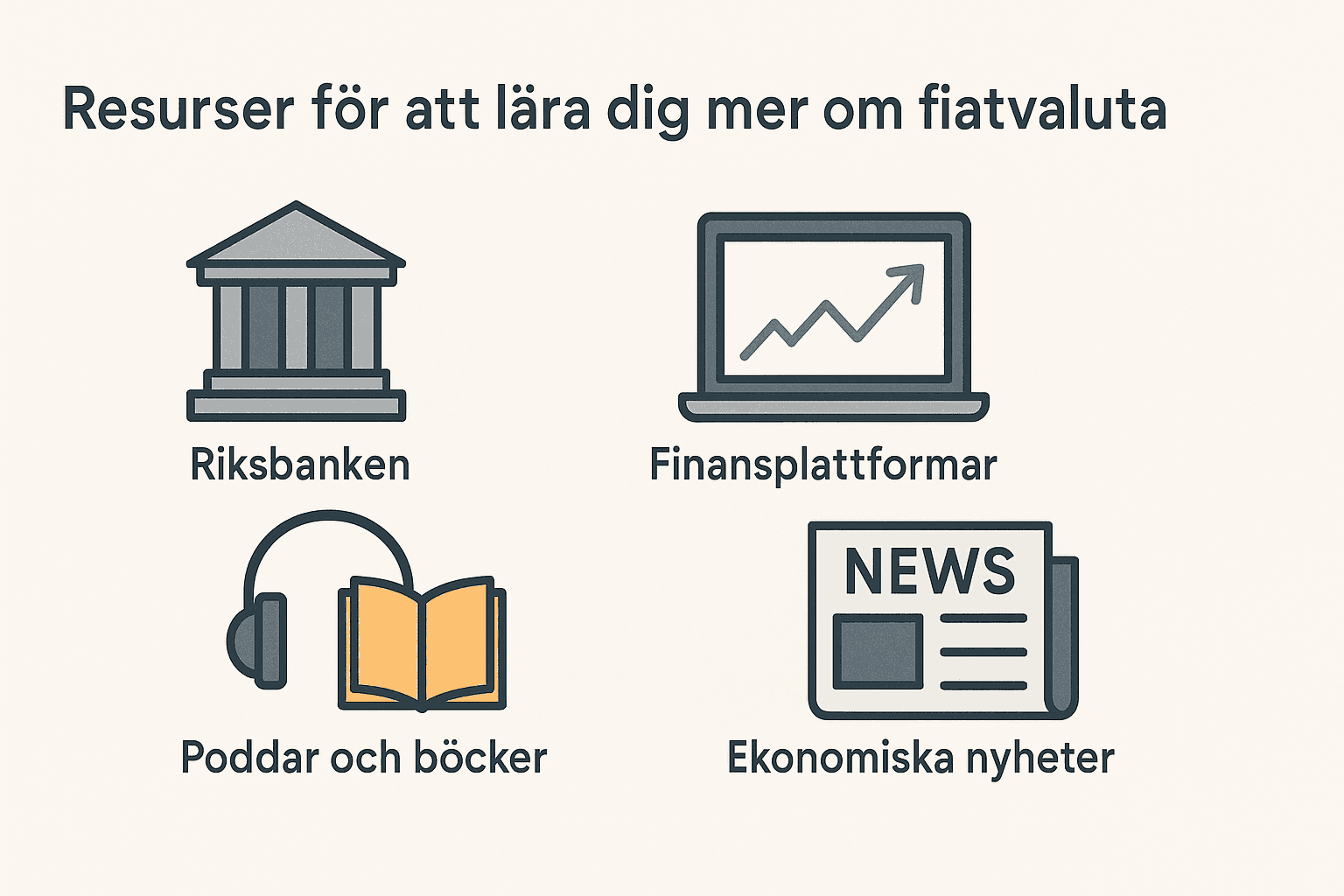 Fiat Valuta: Vad Betyder Det? En Komplett Förklaring och Definition 2 Samuelssons Rapport Minimalistisk illustration som visar fyra resurser för att lära sig mer om fiatvaluta: Riksbanken, finansplattformar, poddar och böcker samt ekonomiska nyheter.