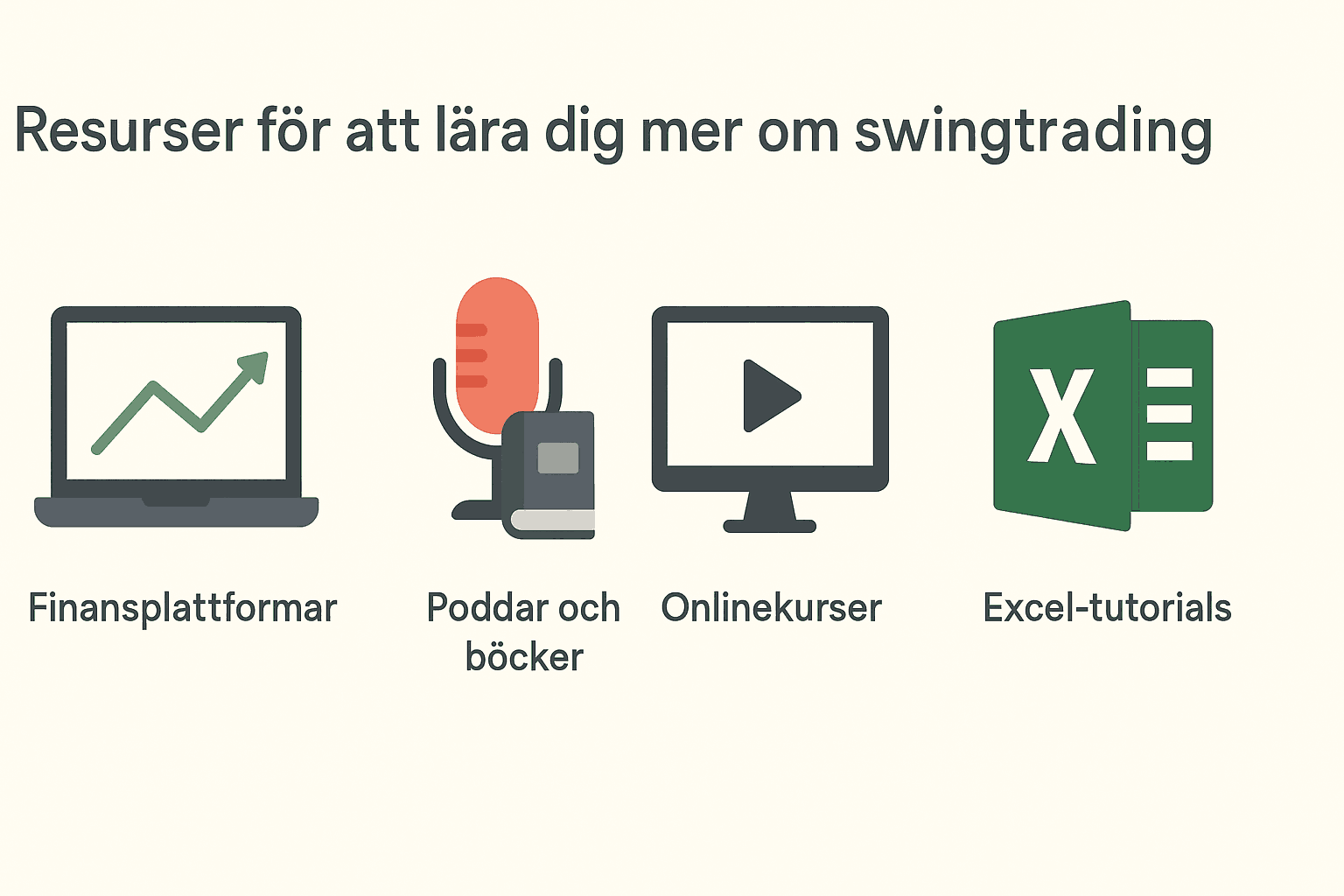 Infografik med fyra resurser för att lära sig swingtrading: finansplattformar, poddar och böcker, onlinekurser och Excel-tutorials.
