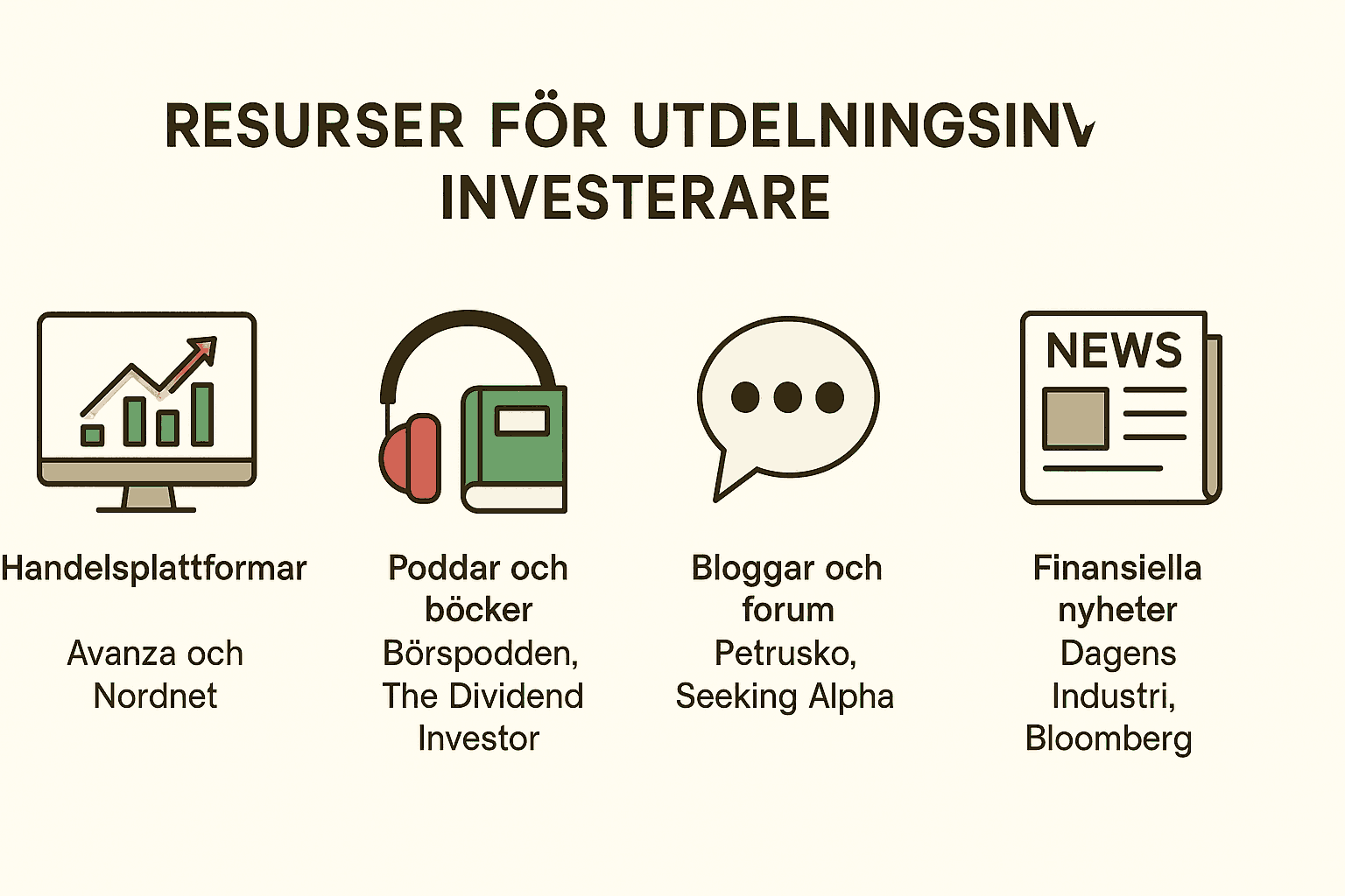 Resurser för utdelningsinvesterare – Handelsplattformar, poddar, bloggar och nyheter visualiserade med ikoner