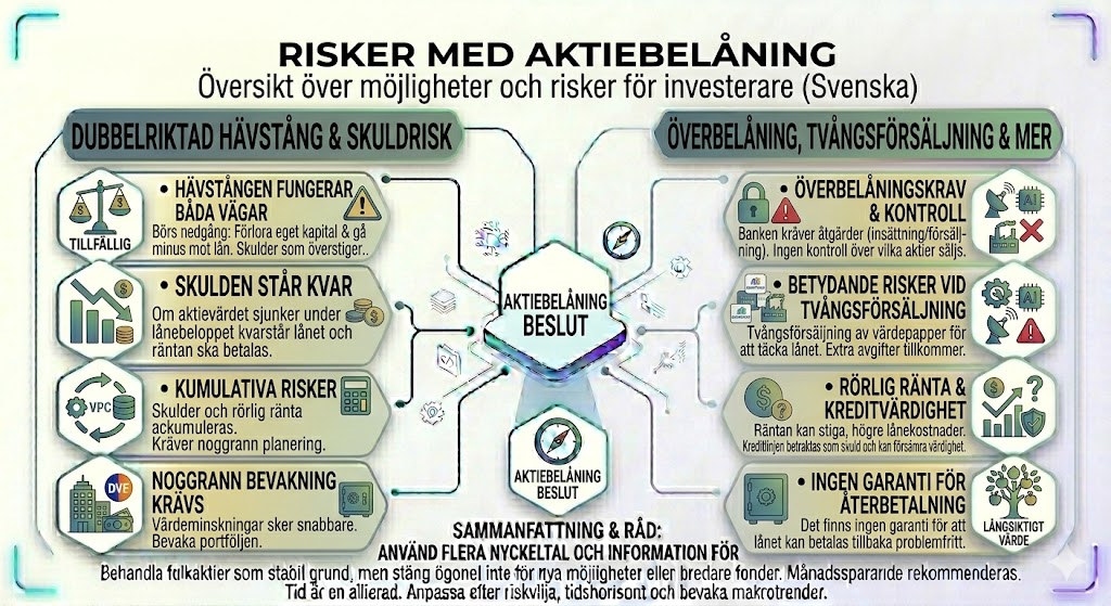Risker med aktiebelåning, hävstångsrisk börsen, tvångsförsäljning aktier, överbelåningskrav, skuldrätt aktier.