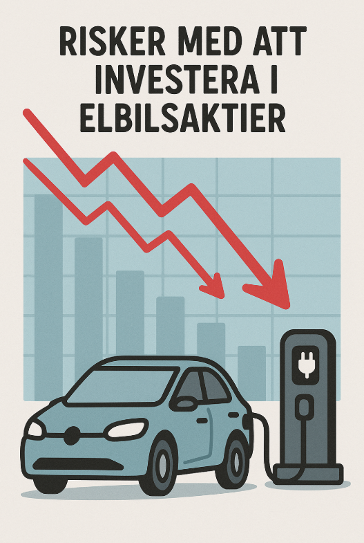 En infografik med texten "Risker med att investera i elbilsaktier" som visar en blå elbil vid en laddstation framför ett sjunkande rött stapeldiagram med nedåtgående pilar.