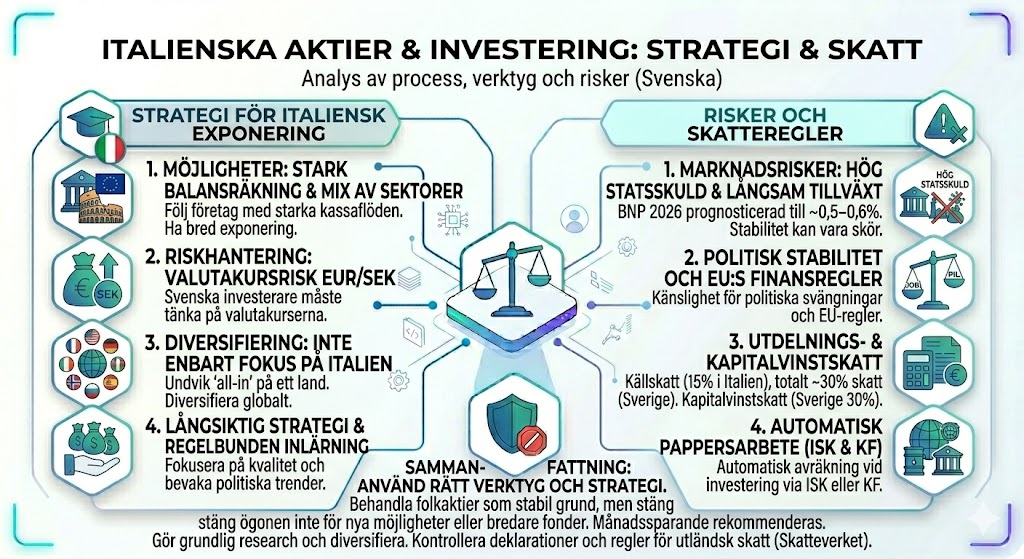 En pedagogisk infografik som sammanfattar risker med italienska aktier, inklusive politisk instabilitet, hög statsskuld, ekonomisk stagnation och specifika sektorsrisker inom bank och finans.